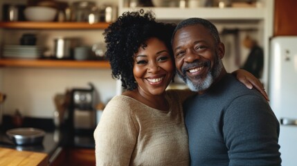 Fototapeta premium Happy senior couple smiling in a cozy kitchen