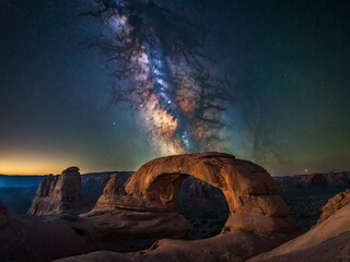 Milky way galaxy arch panorama over rock formations. Galactic panorama over rugged terrain