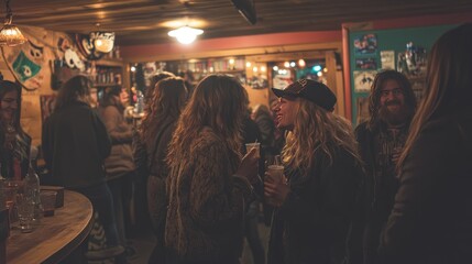 Fototapeta premium Two women converse in a lively bar filled with patrons enjoying drinks and socializing.