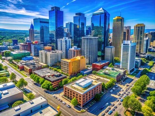 Fototapeta premium Modern Commercial Buildings in Urban Cityscape with Clear Blue Sky and Vibrant City Life Surroundings