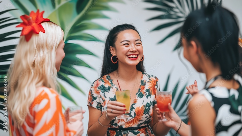 Sticker Friends enjoying colorful drinks at a lively gathering with tropical decor.