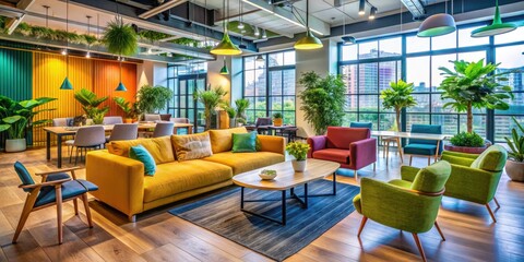 Fototapeta premium Modern co-working space with stylish furniture and vibrant decor for collaborative work and creativity