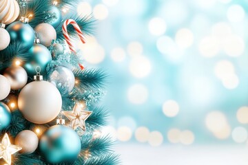 Obraz premium A festive Christmas scene featuring sparkling decorations, colorful ornaments, and a serene bokeh background in blue tones.