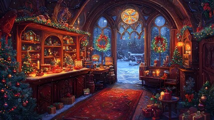 Obraz premium Cozy and Inviting Living Room Interior with Large Windows Overlooking a Snowy Winter Landscape Adorned with Festive Holiday and Furnishings