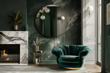 living room interior design, Art deco-inspired interior with a velvet forest green armchair, a round brass mirror, and a marble fireplace, exuding a rich, opulent style in a modern setting.
