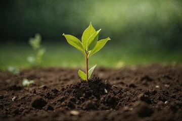 Fototapeta premium Young plant growing from soil in blurred background. Seedling emergence in blurred soil
