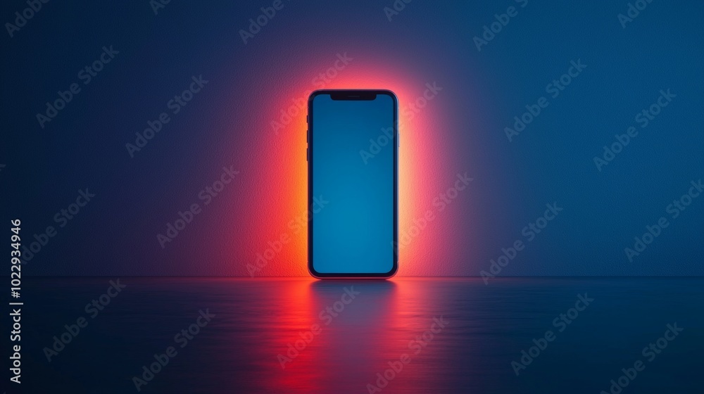 Poster smartphone with its blue screen is standing on a reflective surface and illuminated by a red light, 