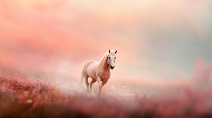 Fototapeta premium majestic horse gallops through dreamy pastel landscape, surrounded by soft flowers and mist. serene atmosphere evokes sense of tranquility and wonder