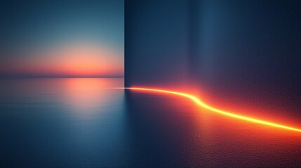 The sun sets over the calm sea, creating a neon light path reflecting on the water, painting the sky with orange, red, and blue hues, evoking hope and inspiration on a magical journey