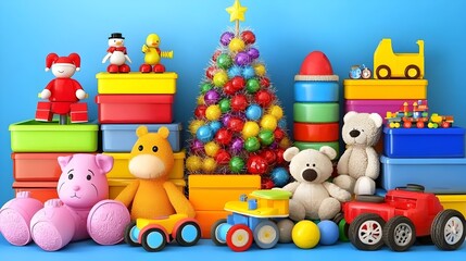 Obraz premium Vibrant and whimsical 3D of a cozy children s playroom filled with a colorful Christmas tree toys and other festive decor creating a sense of holiday joy and imagination