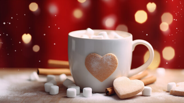 hot cocoa with marshmallows in a beautiful Christmas mug with snowflakes