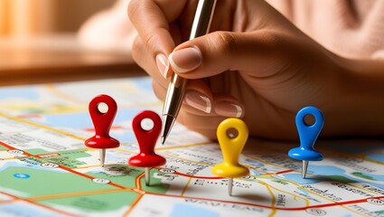 Colorful pins on a city map while assessing real estate investment