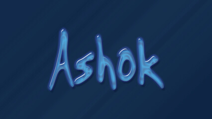 Water bubble 3D text effect of Hindi name Ashok 0n blue background.