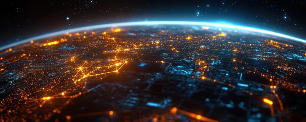 Obraz premium An abstract depiction of glowing lines symbolizing global business connections and data flow, illustrating the intricate networks of high-tech innovation.