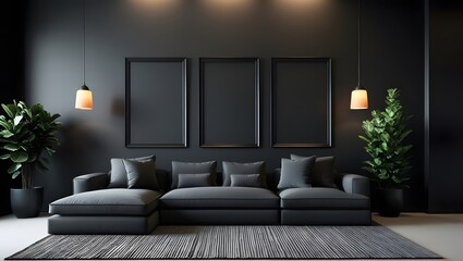 Living room with sofa interior with three empty frame on the wall