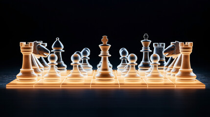 Naklejka premium Illuminated transparent chess pieces arranged on a chessboard with a glowing effect against a dark background, highlighting the chess set details.