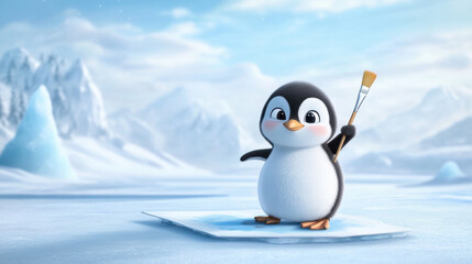 Obraz premium cheerful penguin holding paintbrush stands on ice sheet, ready to create masterpiece in snowy landscape. scene is vibrant and playful, capturing joy of artistic expression