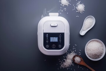 Rice cooker on a dark countertop surrounded by raw and cooked rice, steam rising, with measuring spoons and a wooden spoon nearby