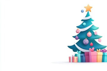 A vibrant, colorful Christmas tree decorated with ornaments and surrounded by beautifully wrapped gifts.