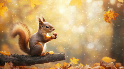 Obraz premium squirrel holding acorn sits on branch surrounded by autumn leaves, creating serene and warm atmosphere. soft sunlight filters through trees, enhancing beauty of scene
