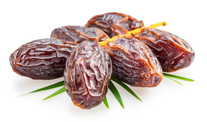 Cluster of ripe dry or soft dates palm fruit isolated on white background. File contains clipping path.