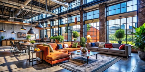 Fototapeta premium Modern industrial loft interior design with open space, large windows, and stylish furniture accents
