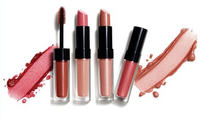 Beige nude and pink,red tone lipstick make up isolated on a studio background,natural Liquid lipsticks,makeup cosmetic lips, product mockup for beauty fashion business,sale,swatch color,template.