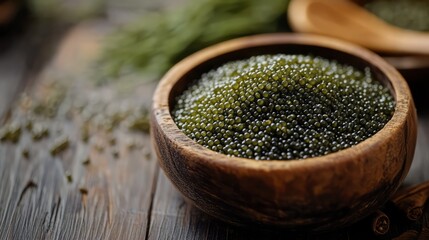 Green Caviar in Wooden Bowl: Close-up of luxurious green caviar in a rustic wooden bowl, set against a dark wooden surface.  The image evokes feelings of opulence and culinary delight.
