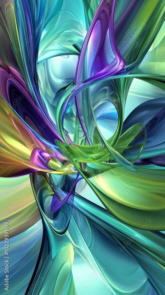 Poster Digital illustration featuring an abstract background with colorful wavy shapes, creating a sense of movement and depth