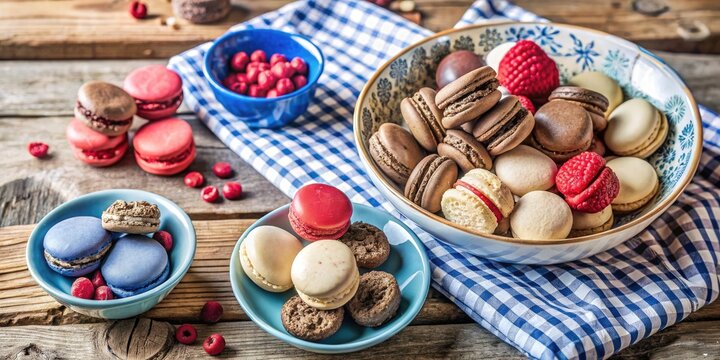 A delightful assortment of macarons on a checkered cloth.