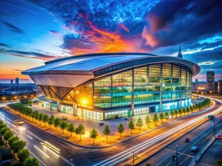 Modern sports arena with vibrant exterior lights and architectural design in a bustling urban setting