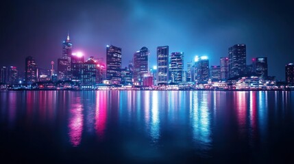Fototapeta premium Nighttime cityscape with skyscrapers illuminated by vibrant pink and blue lights reflected in the water