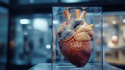 Side view of human heart anatomy in a 3D medical display during a hospital cardiology conference