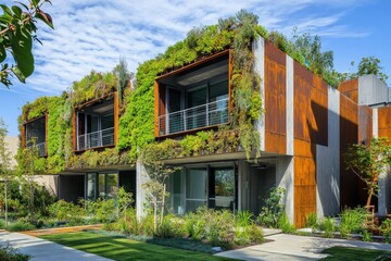Fototapeta premium A large house with a green roof and a wooden deck, generative ai image