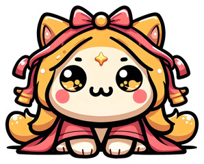 Cute kawaii cat princess with crown and bow in cartoon style