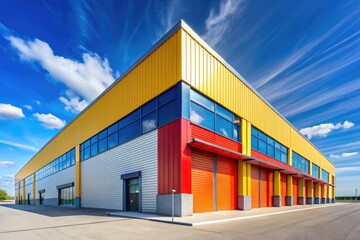 Modern Warehouse Building Graphic with Industrial Design Elements and Clear Blue Sky Background