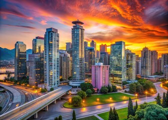 Naklejka premium Modern Vancouver Business District Skyline with Glass Buildings and Urban Infrastructure at Sunset