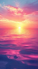The sun sets over a calm ocean, painting the sky in shades of pink, purple, and orange, reflecting in the water below