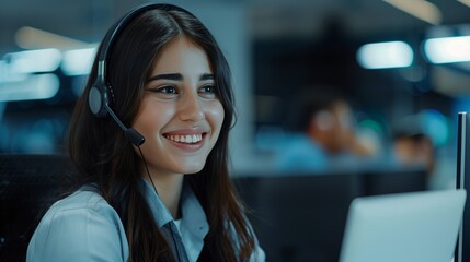 Fototapeta premium a young smiling girl works in tech support