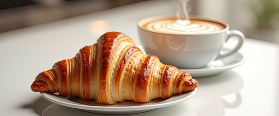 Steaming cup of latte with heart-shaped foam art alongside cinnamon rolls
