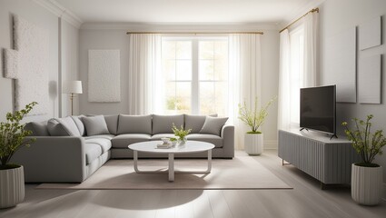Fototapeta premium A living room in the Sweet Embrace style features white and grey walls and furniture, a plush grey sectional sofa, a white marble coffee table, a minimalist TV stand, and vibrant green accents