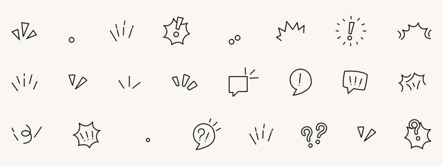 Set of hand-drawn simple various signs, exclamation marks, question marks, speech bubbles, emotions
