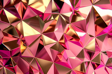 Fototapeta premium Backdrop with contemporary abstract design featuring layered pink and gold triangles and geometric shapes. Modern geometry background. front view. Digital 3D render. wallpaper with texture.
