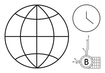 Simple black-outline graphic showing a globe, clock, and Bitcoin symbol connected with circuits. Ideal for finance, technology, global business, cryptocurrency, time management