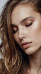 Obraz premium Woman with wavy hair, closed eyes, light complexion, slight smirk, contemplative