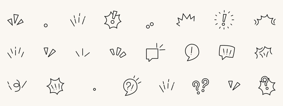 Set of hand-drawn simple various signs, exclamation marks, question marks, speech bubbles, emotions