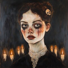 Portrait of a woman with a skull in her hair, surrounded by candles.