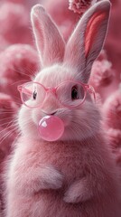 Obraz premium Pink fluffy bunny rabbit is blowing a pink bubblegum bubble while wearing pink glasses and sitting in a pink fluffy setting