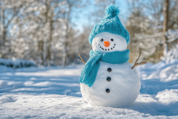 Obraz premium Cute snowman in blue scarf and hat, standing in white snow field