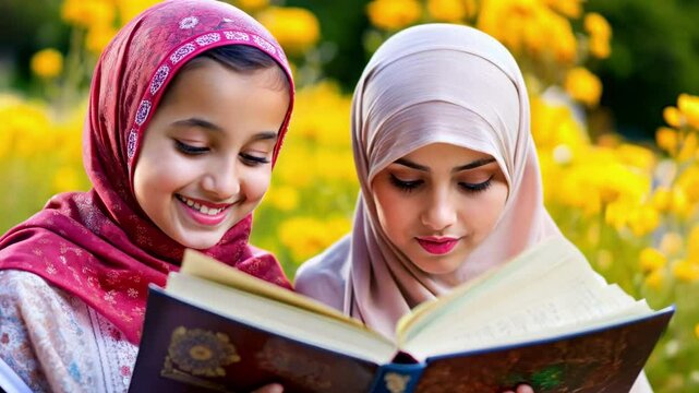 Two girls reading the Quran – perfect for madrasas or Islamic cultural centers to illustrate materials and educational guides